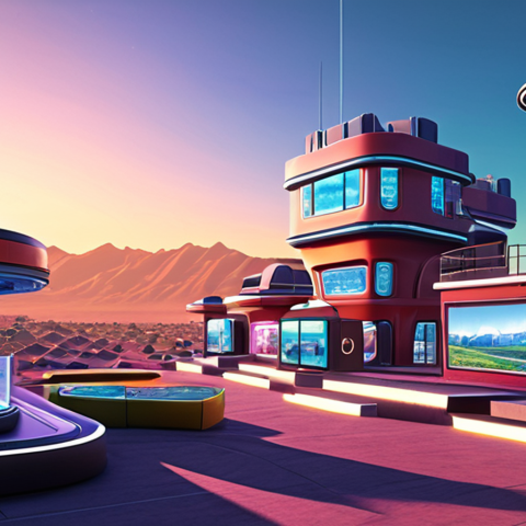 Virtual Real Estate Landscape**

*   Prompt: "A vibrant metaverse landscape with virtual land plots showcasing futuristic architecture. Include digital shops, art galleries, concert venues, and virtual homes. Showcase potential for building and development. Emphasize the digital and speculative nature. Bright colors, high-resolution, futuristic."

**