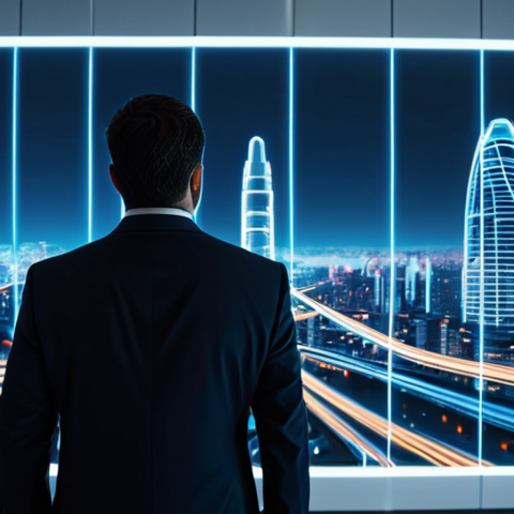 A focused professional individual, fully clothed in a modest business suit, standing in a sleek, minimalist modern office. They are observing a large holographic projection displaying a sprawling, futuristic digital city, rendered with luminous neon lines and vibrant 3D structures representing virtual land parcels, commercial buildings, and event spaces. The projection shows active digital traffic and bustling activity. High-resolution, professional photography, cinematic lighting, sharp focus, intricate details, perfect anatomy, correct proportions, natural pose, well-formed hands, proper finger count, natural body proportions, safe for work, appropriate content, fully clothed, professional dress.