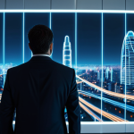 A focused professional individual, fully clothed in a modest business suit, standing in a sleek, minimalist modern office. They are observing a large holographic projection displaying a sprawling, futuristic digital city, rendered with luminous neon lines and vibrant 3D structures representing virtual land parcels, commercial buildings, and event spaces. The projection shows active digital traffic and bustling activity. High-resolution, professional photography, cinematic lighting, sharp focus, intricate details, perfect anatomy, correct proportions, natural pose, well-formed hands, proper finger count, natural body proportions, safe for work, appropriate content, fully clothed, professional dress.