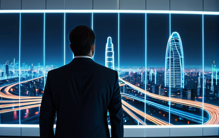A focused professional individual, fully clothed in a modest business suit, standing in a sleek, minimalist modern office. They are observing a large holographic projection displaying a sprawling, futuristic digital city, rendered with luminous neon lines and vibrant 3D structures representing virtual land parcels, commercial buildings, and event spaces. The projection shows active digital traffic and bustling activity. High-resolution, professional photography, cinematic lighting, sharp focus, intricate details, perfect anatomy, correct proportions, natural pose, well-formed hands, proper finger count, natural body proportions, safe for work, appropriate content, fully clothed, professional dress.