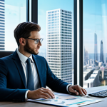 A professional financial analyst, fully clothed in a modest business suit, seated at a sleek modern desk in a well-lit, contemporary office space. The analyst is carefully examining holographic projections displaying abstract representations of digital assets and virtual land, with data visualizations suggesting thorough research and analysis. The background features subtle, futuristic cityscapes visible through large windows, hinting at a new digital frontier. The scene conveys a sense of careful consideration and strategic planning. safe for work, appropriate content, perfect anatomy, correct proportions, natural pose, well-formed hands, proper finger count, natural body proportions, professional photography, high quality, family-friendly.